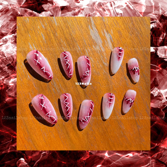 3D Realistic Scar Halloween Almond Press On Nails, Handmade Long Design, 1 Pair, 10 Pieces