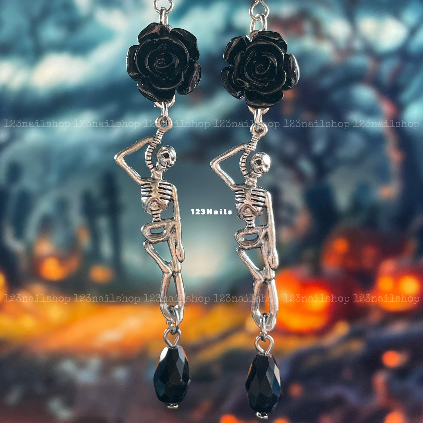 Halloween Skull and Rose Earrings, Handmade Black Crystal Design, Perfect Gift