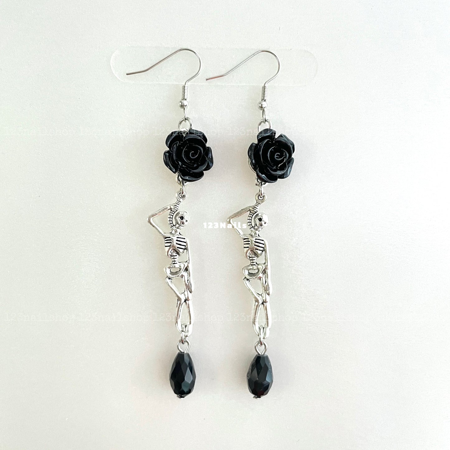 Halloween Skull and Rose Earrings, Handmade Black Crystal Design, Perfect Gift