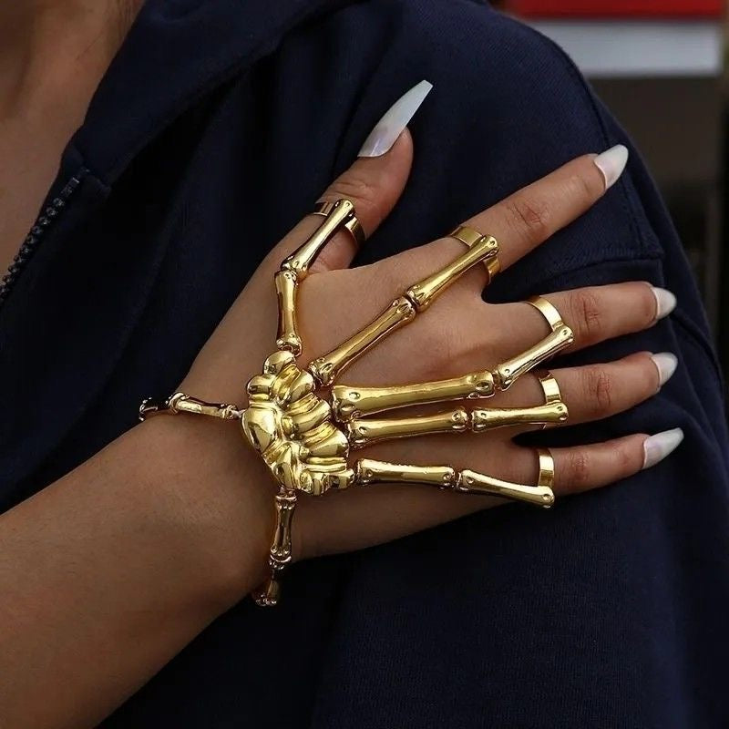 Halloween Gothic Skeleton Claw Bracelet, Punk Style Bone Chain Jewelry, 2 Pieces