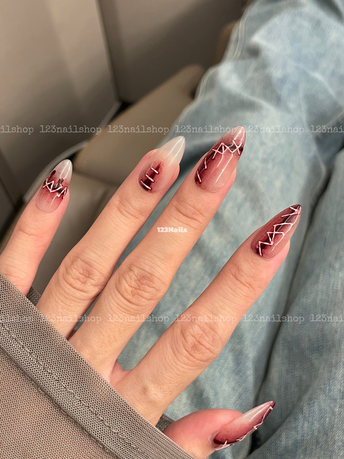 3D Realistic Scar Halloween Almond Press On Nails, Handmade Long Design, 1 Pair, 10 Pieces