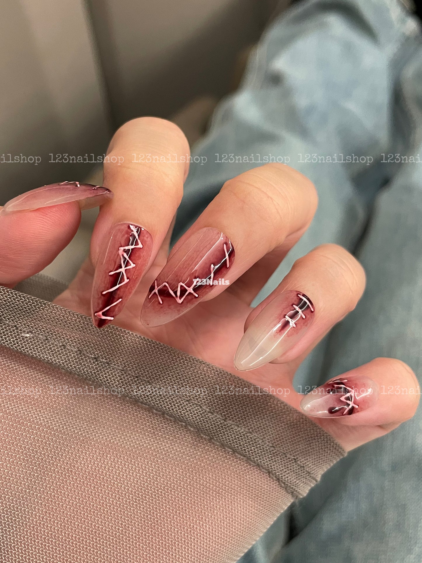 3D Realistic Scar Halloween Almond Press On Nails, Handmade Long Design, 1 Pair, 10 Pieces