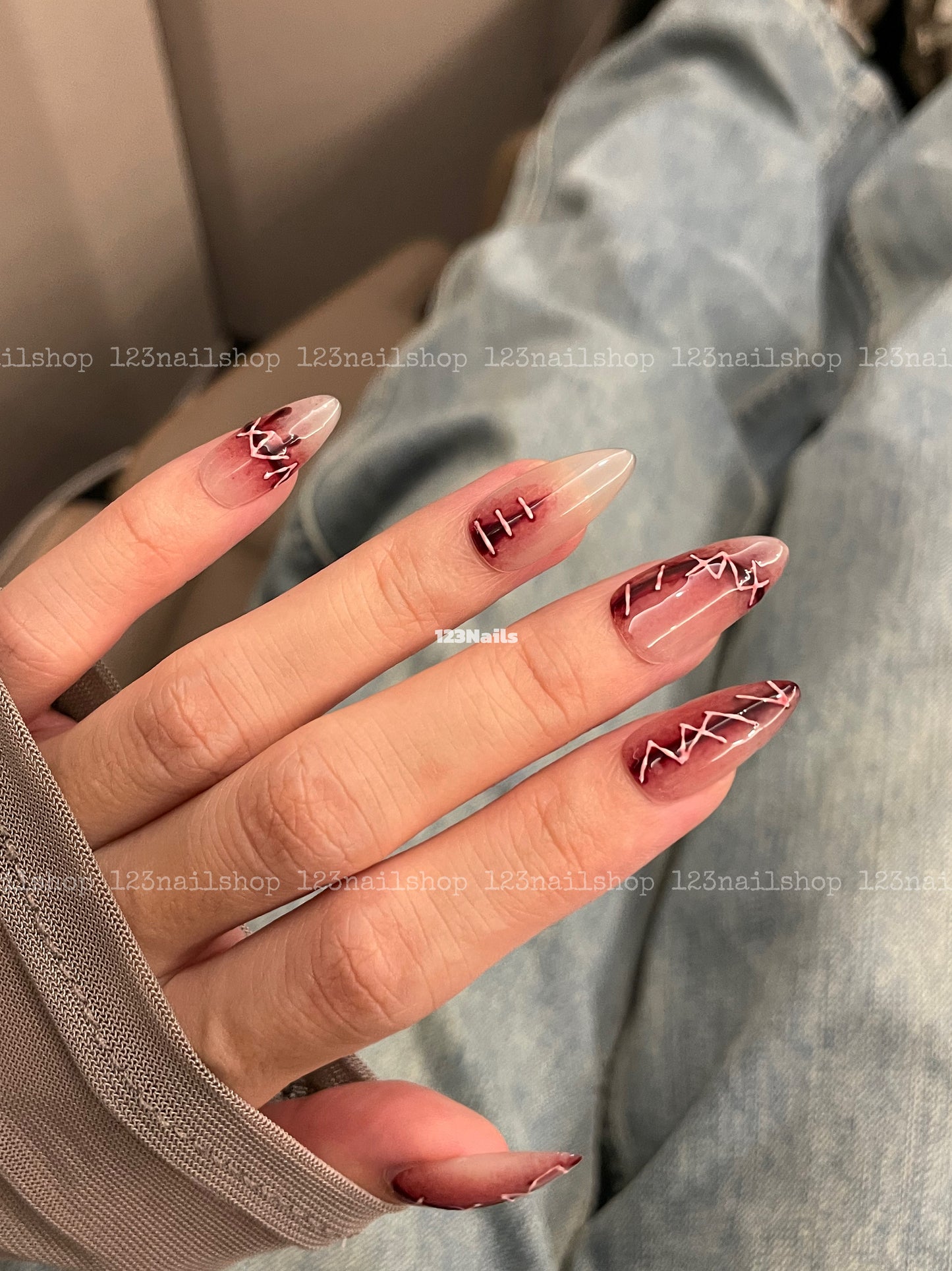 3D Realistic Scar Halloween Almond Press On Nails, Handmade Long Design, 1 Pair, 10 Pieces