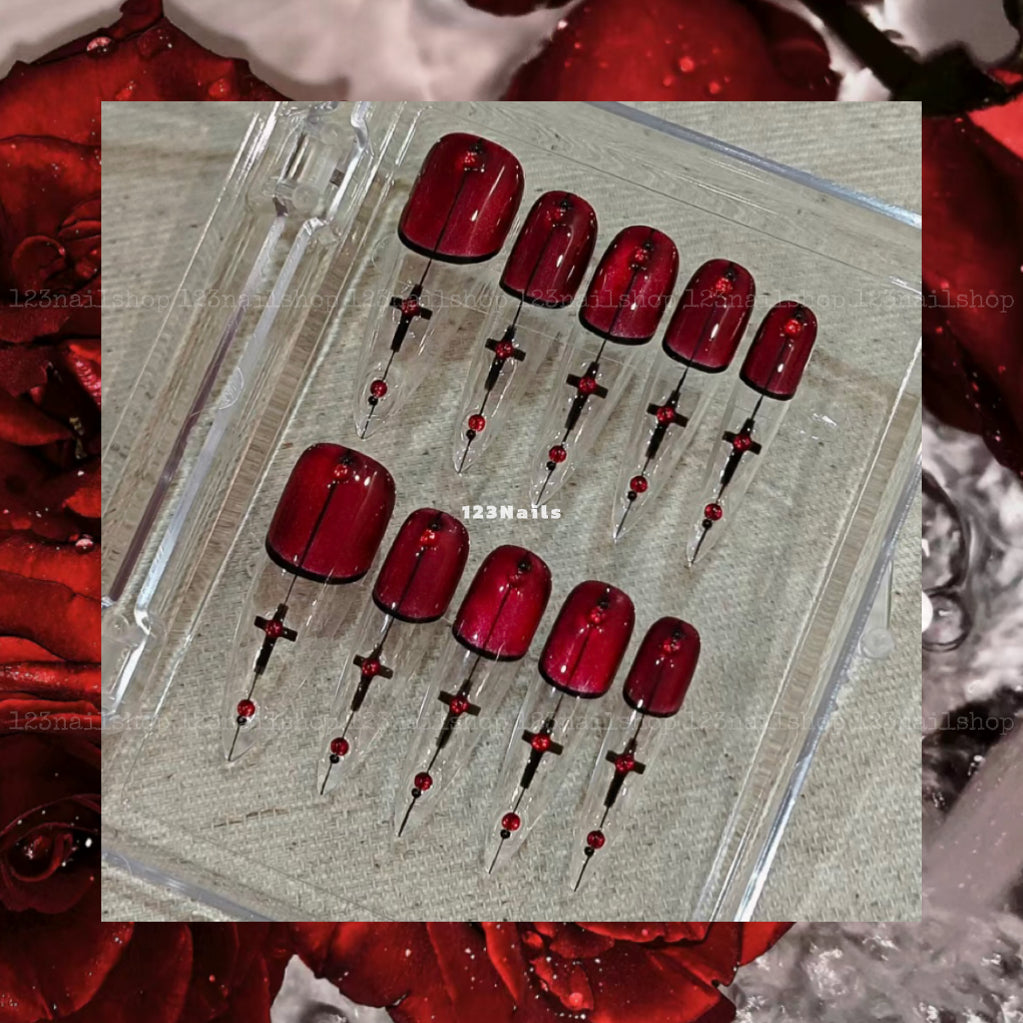 Blood Night Halloween Almond Press On Nails, Handmade Long Design, 1 Pair, 10 Pieces