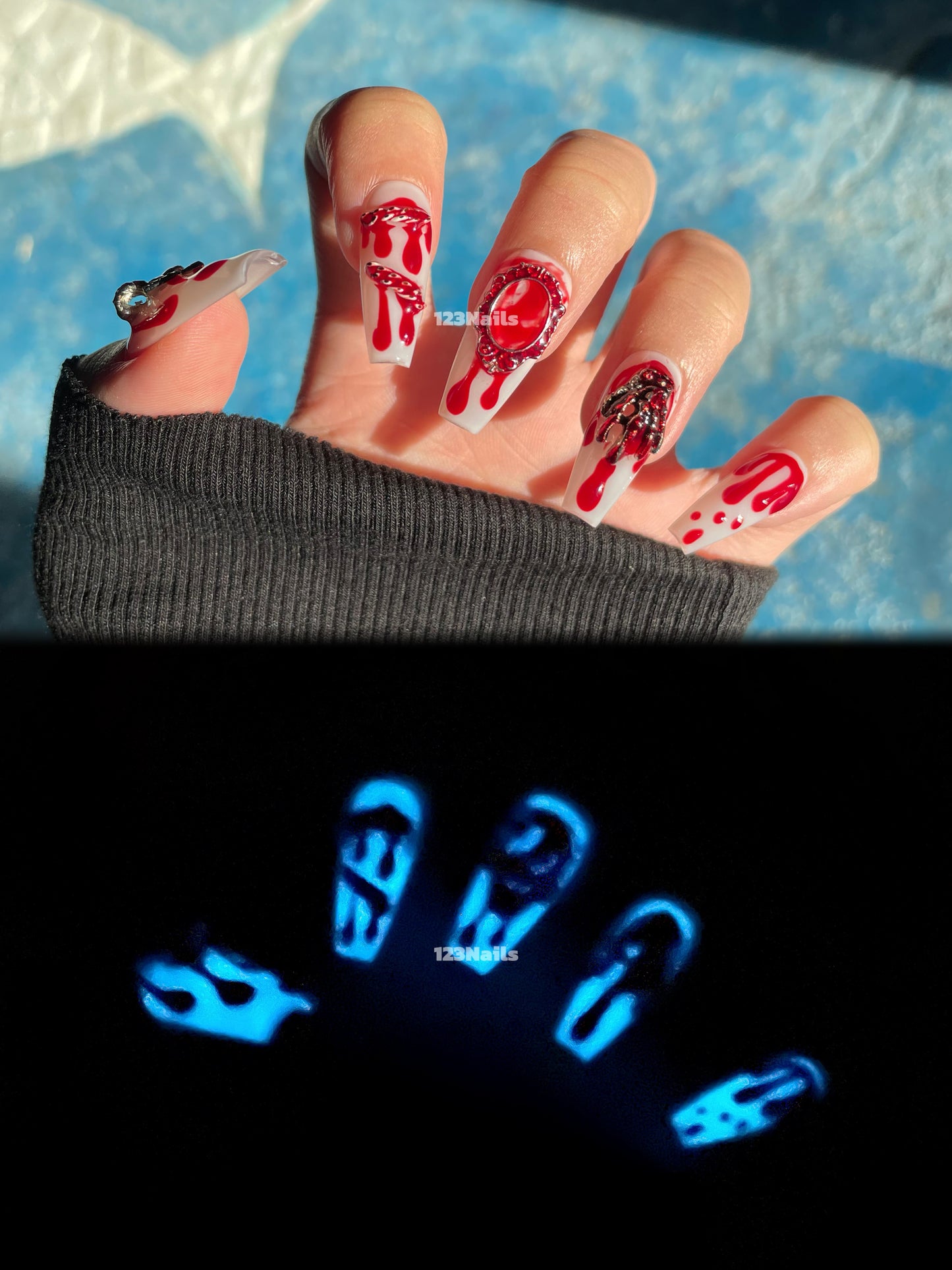 Halloween Lolita Glow in the Dark Handmade Press On Nails, 1 Pair, 10 Pieces