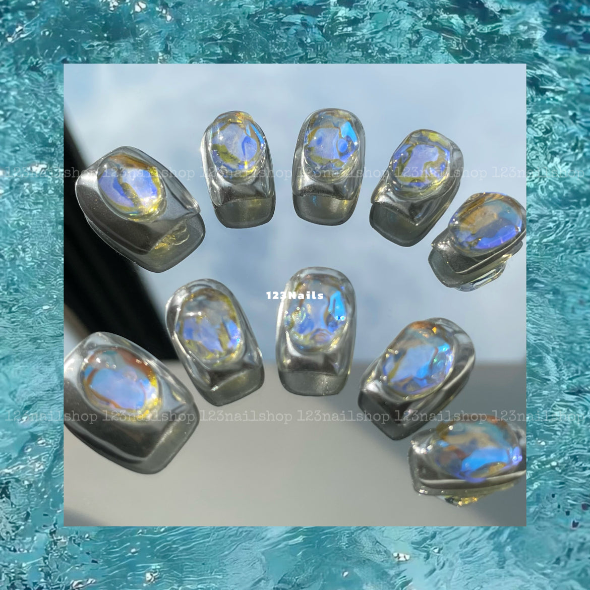 Magic Mirror Gray Short Press On Nails, Egg Sapphire, 1 Pair, 10 Pieces