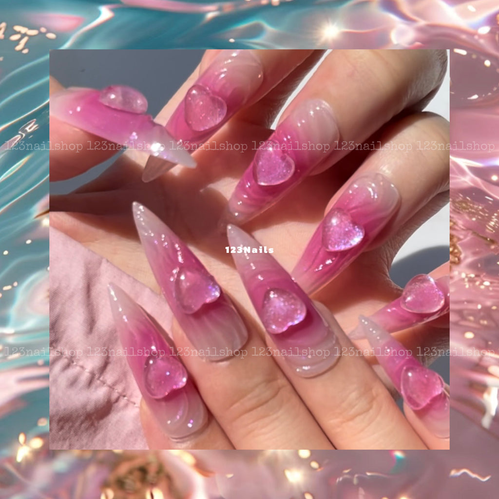 Pink Heart 3D Cat's Eye Long Almond Press On Nails, Y2K Emo Chrome Art, 1 Pair, 24 Pieces