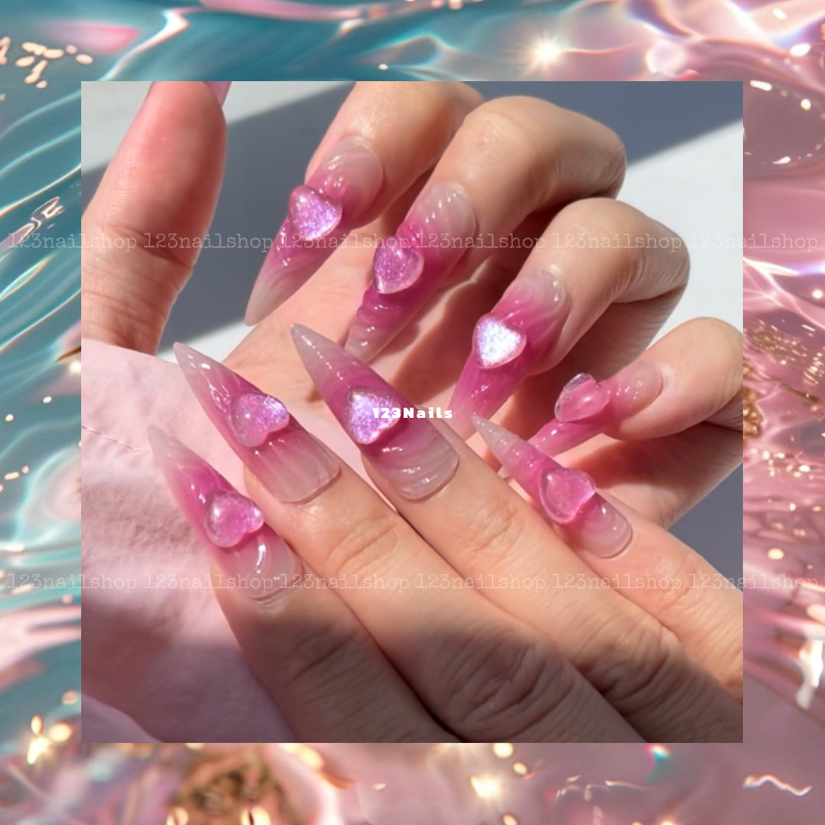 Pink Heart 3D Cat's Eye Long Almond Press On Nails, Y2K Emo Chrome Art, 1 Pair, 24 Pieces