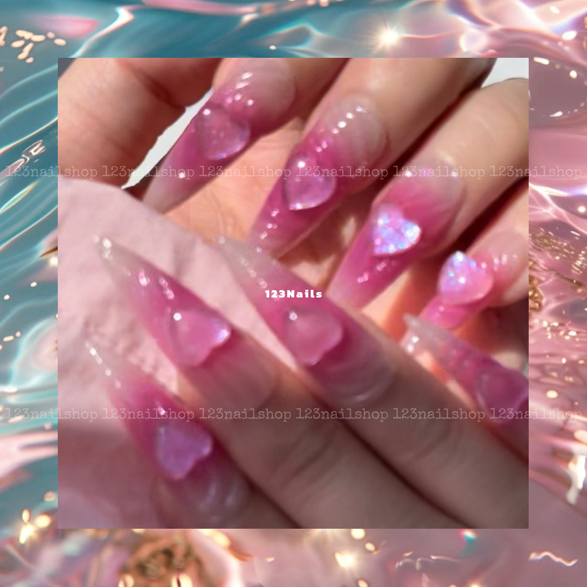 Pink Heart 3D Cat's Eye Long Almond Press On Nails, Y2K Emo Chrome Art, 1 Pair, 24 Pieces