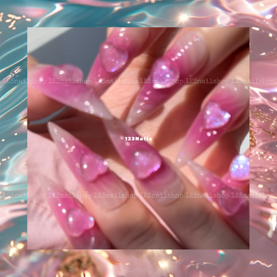 Pink Heart 3D Cat's Eye Long Almond Press On Nails, Y2K Emo Chrome Art, 1 Pair, 24 Pieces