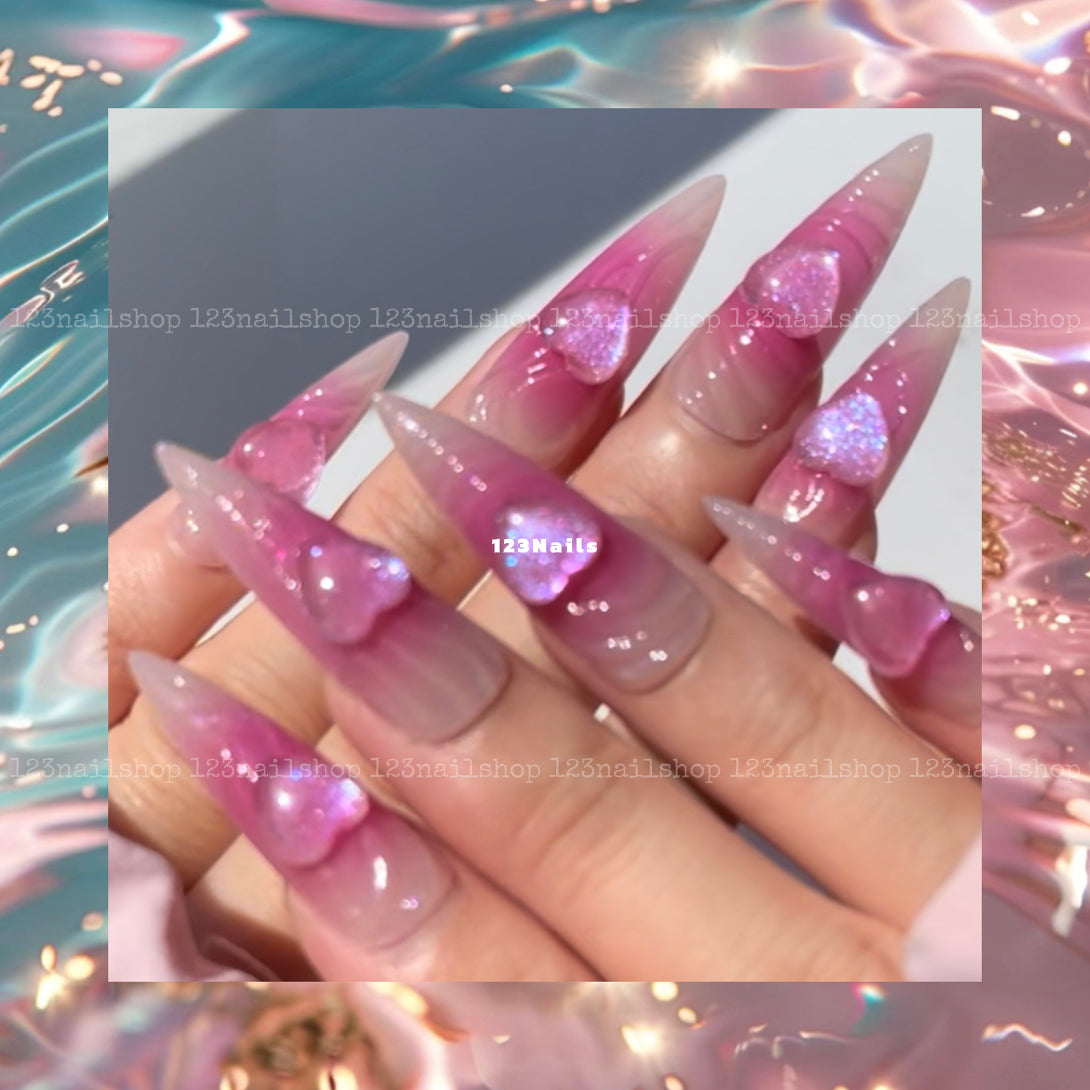 Pink Heart 3D Cat's Eye Long Almond Press On Nails, Y2K Emo Chrome Art, 1 Pair, 24 Pieces