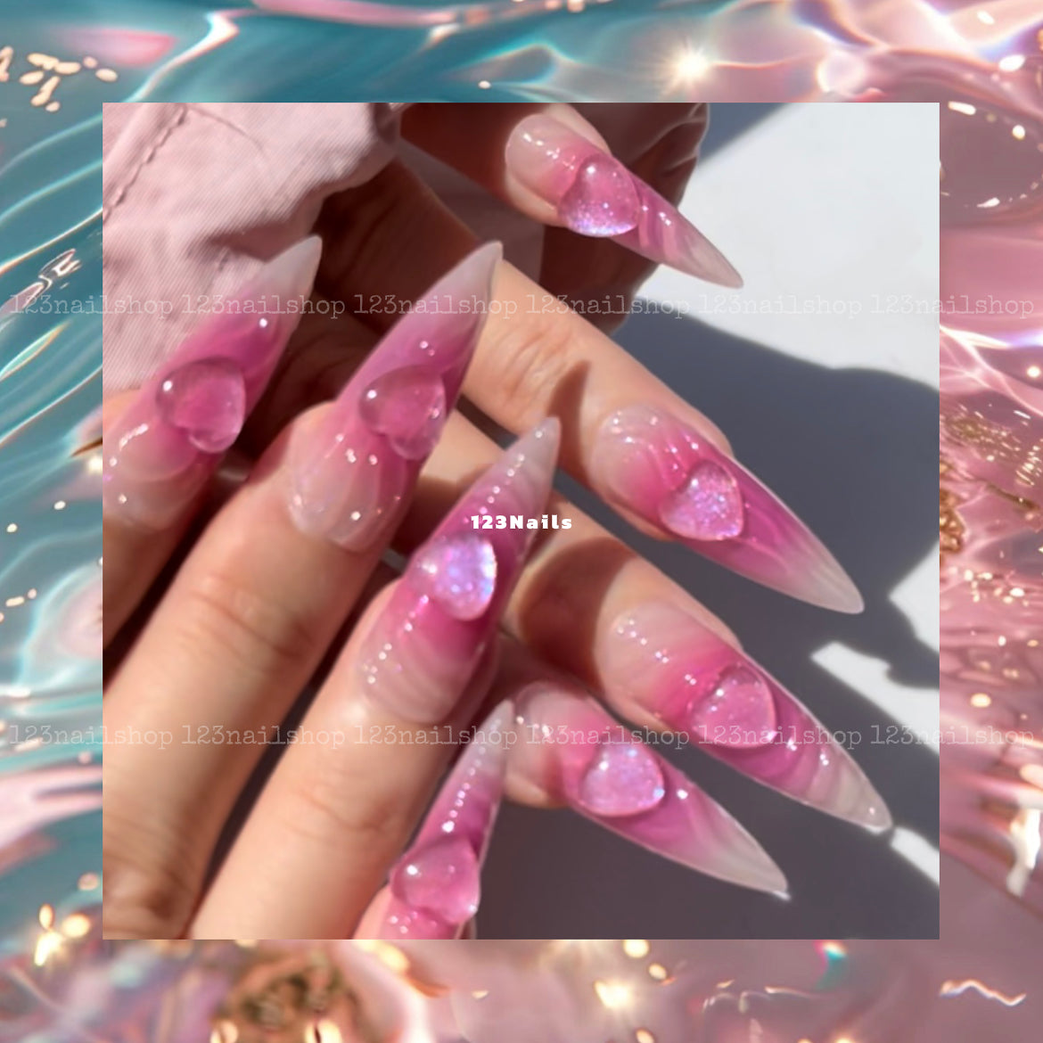 Pink Heart 3D Cat's Eye Long Almond Press On Nails, Y2K Emo Chrome Art, 1 Pair, 24 Pieces